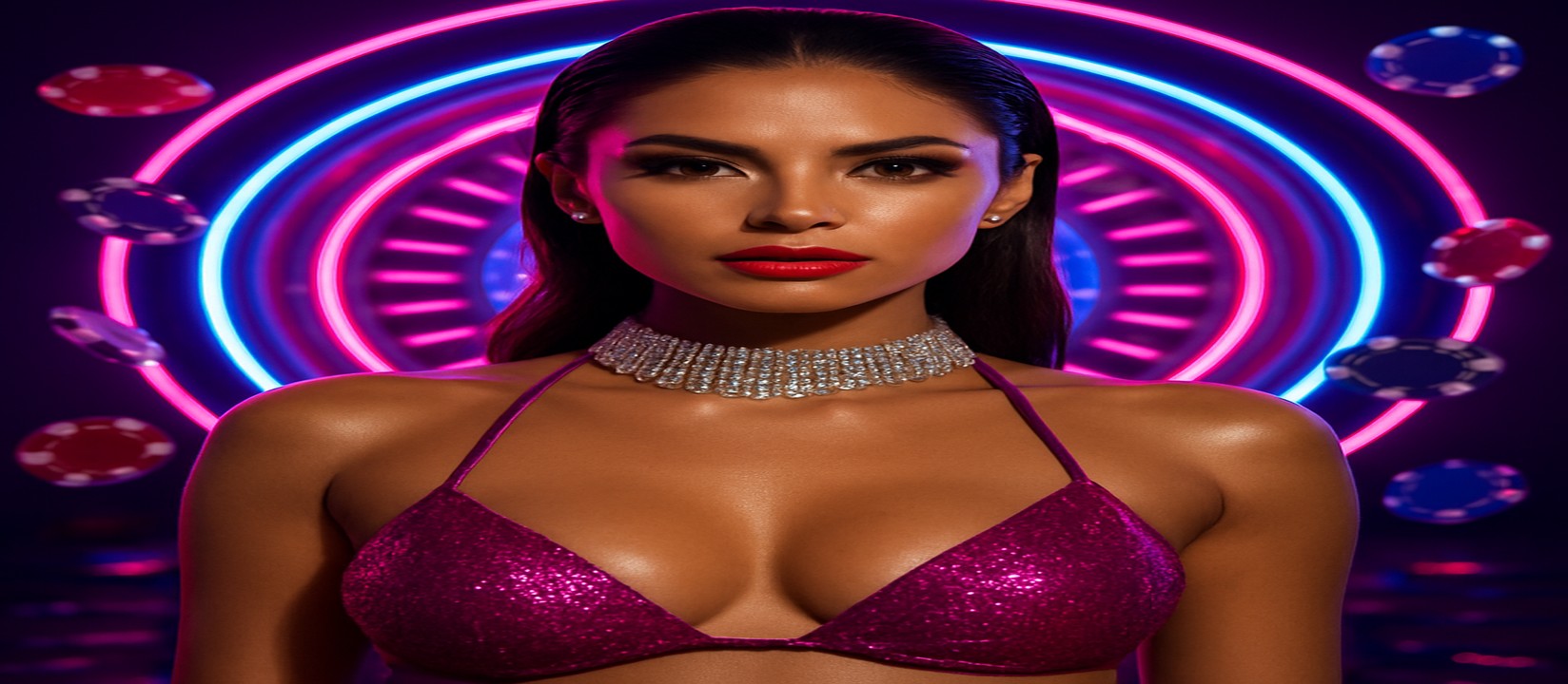 jeta9 ঝলমলে বেগুনি পোশাকে এক নারী, পেছনে আলোকিত স্পিনিং চাকা ও জ্বলজ্বলানো গেমিং প্ল্যাটফর্ম চিপ